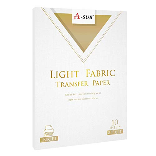 A-SUB Inkjet Printable Iron-On Heat Transfer Paper for Light Fabric, 8.5x11 inch 10 Sheets Make Custom T-shirts, Totes and Bags