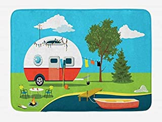 Happy Camper Bath Mat, Cartoon Fishing Trip Scene Caravan Boat Fire Pit Camping Table Laundry Line, Plush Bathroom Decor Mat with Non Slip Backing, 29.5