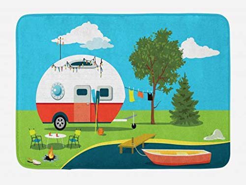 Happy Camper Bath Mat, Cartoon Fishing Trip Scene Caravan Boat Fire Pit Camping Table Laundry Line, Plush Bathroom Decor Mat with Non Slip Backing, 29.5