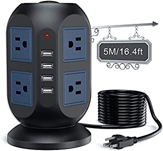 Power Strip Tower Surge Protector - 5M/16.4FT Surge Protector Power Strip with USB, Power Strip Extension Cord with 8 AC Outlets & 4 USB Ports, Overload Protection, Short Circuit Protection.