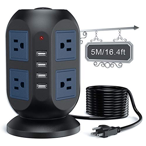 Power Strip Tower Surge Protector - 5M/16.4FT Surge Protector Power Strip with USB, Power Strip Extension Cord with 8 AC Outlets & 4 USB Ports, Overload Protection, Short Circuit Protection.