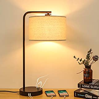 Side Table Lamp with Dual USB Ports, Dimmable Bedside Lamp Modern Nightstand Lamp Desk Reading Lamp with Linen Lampshade for Bedroom, Living Room, Study Room, Office, 8W 2700K LED Edison Bulb Included