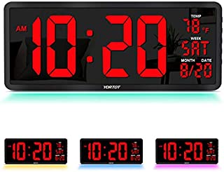 YORTOT 16 Large Digital Wall Clock with 7 Color Decor Night Light, 4 Level Brightness Dimmer, Remote Control, Big Red Number LED Display with Indoor Temperature, Date and 12/24H, DST, Fold Out Stand