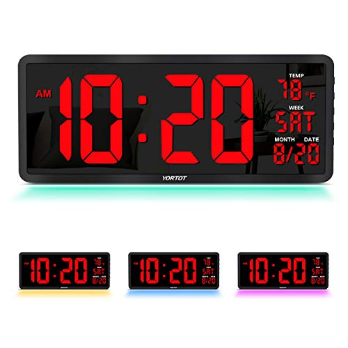 YORTOT 16 Large Digital Wall Clock with 7 Color Decor Night Light, 4 Level Brightness Dimmer, Remote Control, Big Red Number LED Display with Indoor Temperature, Date and 12/24H, DST, Fold Out Stand