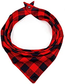 Plaid Dog Bandana with Button, Dual Layer Soft Cotton Triangle Dog Scarf Kerchief Washable Girl Boy Dog Bandanas Adjustable Accessories for Small Medium Large Dog Puppy Pet (Red, Large)