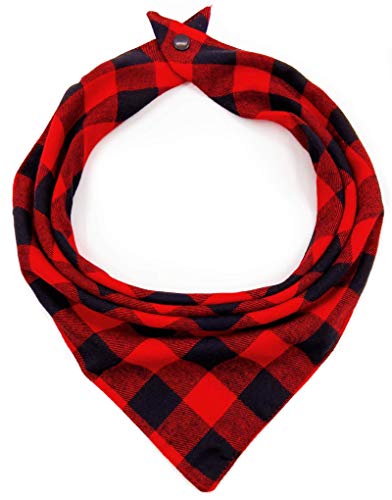 Plaid Dog Bandana with Button, Dual Layer Soft Cotton Triangle Dog Scarf Kerchief Washable Girl Boy Dog Bandanas Adjustable Accessories for Small Medium Large Dog Puppy Pet (Red, Large)