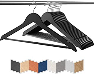 NEATERIZE Heavy Duty Wooden Hangers | Non-Slip Pant Bar & 360 Swivel Hook | Smooth Finish Clothes Hangers | Bulk Coat Hangers for Men | Wood Hangers for Suits, Coats, Clothing [30-Pack - Black]