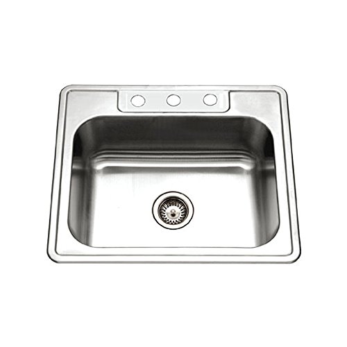 Houzer 2522-8BS3-1 Glowtone Series Topmount Stainless Steel 3-hole Single Bowl Kitchen Sink, 8-Inch Deep