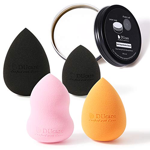 DUcare Foundation Sponge Set 4pcs+1pcs Sponges Cleaner Coco Soap Beauty Makeup Blender Non-latex Multi-colored Flawless for Foundation,Liquid, Cream, and Powder Make up Brush Cleaner