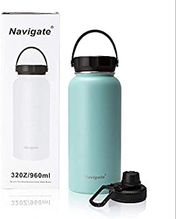 NAVIGATE 32oz Wide Mouth Stainless Steel Water Bottle With Bonus Lid, Double Walled Vacuum Insulated Travel Sports Flask Thermos |Keep Drink Stay Cold & Hot,BPA Free, Leak Proof(teal blue)