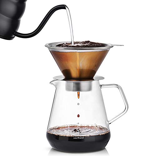 Soulhand Pour Over Coffee Brewer Pour Over Coffee Dripper 8 Cups Coffee Maker with Separable Paperless Coffee Filter with Glass -Bouns Coffee Scoop and Brush Large Capacity Brewer 28oz