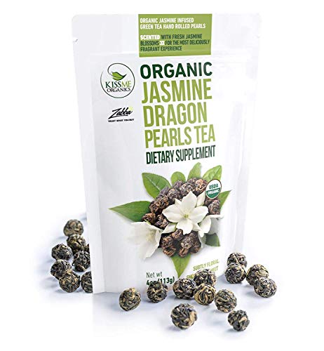 Jasmine Dragon Pearls Green Tea - Premium Flavor Organic Tea Jasmine Pearls Loose Leaf Tea Hand Rolled - 4 Ounces