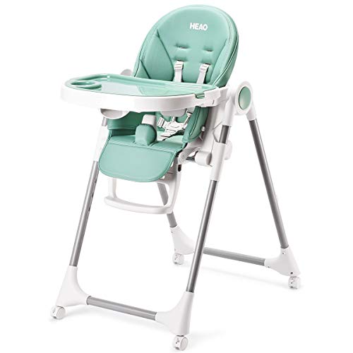 HEAO fold Baby High Chair 4 in 1 with Wheels, converts to Infant Floor Seat, Toddler Booster Chair, Kids Table Green