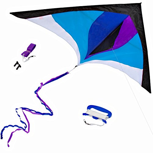 Best Delta Kite, Easy Fly for Kids and Beginners, Single Line w/Tail Ribbons, Stunning Blue & Purple, Materials, Large, Meticulous Design and Testing + Guarantee + Bonuses!