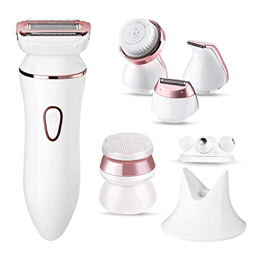 Electric Shaver,Women 6 in 1 Safe Razor and Remover for Legs,Underarms,with 2 Cleansing Brushes,1 Massager for Face,1 Foil Shaver,1 Bikini Trimmer Head,Dry Wet Use Rechargeable Cordless Razor