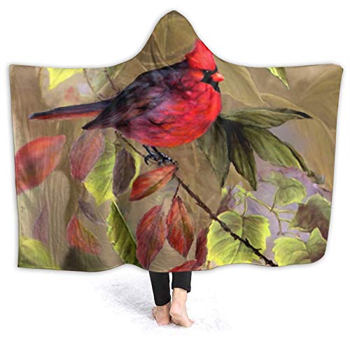 Wearable Throw Blanket Fall Autumn Leaf Cardinal Bird Hoodie Throw Wrap Cape Cloak Spa Toddlers Windproof Blankets Couch Bed Shawl Flannel with Sleeves