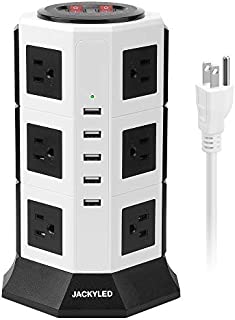 Surge Protector Power Strip Tower JACKYLED 12 AC Outlets 3000W 15A and 5 USB 8A Desktop Smart Charging Station Multiple Protection Heavy Duty 6.5ft 14 AWG Extension Cord White and Black