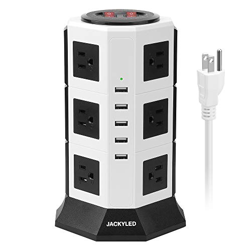 Surge Protector Power Strip Tower JACKYLED 12 AC Outlets 3000W 15A and 5 USB 8A Desktop Smart Charging Station Multiple Protection Heavy Duty 6.5ft 14 AWG Extension Cord White and Black