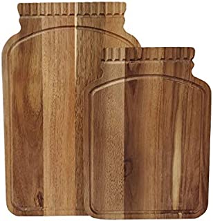 Mason Craft & More Acacia Wood Kitchen Dining Serveware Plank Tray Serving Entertaining Faux Leather Handles, Mason Jar Shaped Cutting Boards Set of 2