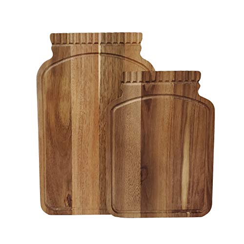 Mason Craft & More Acacia Wood Kitchen Dining Serveware Plank Tray Serving Entertaining Faux Leather Handles, Mason Jar Shaped Cutting Boards Set of 2