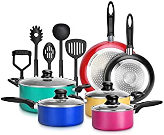 15-Piece Nonstick Kitchen Cookware Set PTFE/PFOA/PFOS- Free | Colorful Heat Resistant Lacquer Kitchen Ware Pots Pan Set w/ Saucepot, Frying Pans, Pots, Oven Pot, Lids, 5 Utensil - NutriChef NCCWCOR15