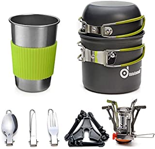 Odoland Camping Cookware Stove Carabiner Canister Stand Tripod and Stainless Steel Cup, Tank Bracket, Fork Spoon Kit for Backpacking, Outdoor Camping Hiking and Picnic