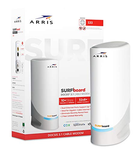 ARRIS Surfboard S33 DOCSIS 3.1 Multi-Gigabit Cable Modem with 2.5 Gbps Ethernet Port, Approved for Cox, Xfinity, Spectrum & Others.