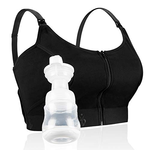 Momcozy Hands Free Pumping Bra, Adjustable Breast-Pumps Holding and Zipper Nursing Bra, Suitable for Breastfeeding-Pumps by Medela, Lansinoh, Philips Avent, Spectra (Medium) Black