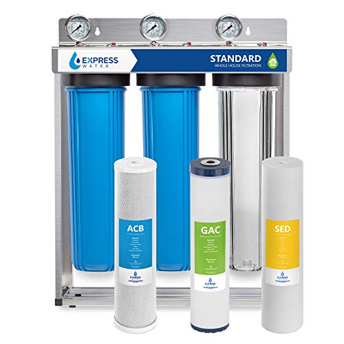 Express Water Whole House Water Filter  3 Stage Home Water Filtration System  Sediment, Coconut Shell Carbon Filters  includes Pressure Gauges, Easy Release, and 1 Inch Connections