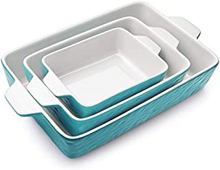 Bakeware Set, Krokori Rectangular Baking Pan Ceramic Glaze Baking Dish for Cooking, Kitchen, Cake Dinner, Banquet and Daily Use, 3 PCS, 11.6 x 7.8 Inches of Aquamarine