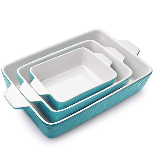 Bakeware Set, Krokori Rectangular Baking Pan Ceramic Glaze Baking Dish for Cooking, Kitchen, Cake Dinner, Banquet and Daily Use, 3 PCS, 11.6 x 7.8 Inches of Aquamarine