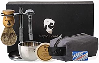 Shaving Kit for Men Wet Shave - Safety Razor with 10 blades, Shaving Badger Hair Brush, Shaving Soap Cream, Shaving Stand, Stainless Steel Bowl Mug, Canvas Dopp Kit Gift Set