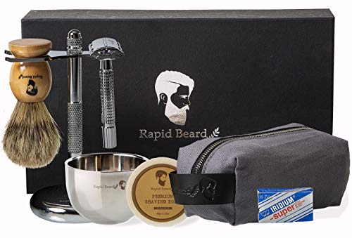 Shaving Kit for Men Wet Shave - Safety Razor with 10 blades, Shaving Badger Hair Brush, Shaving Soap Cream, Shaving Stand, Stainless Steel Bowl Mug, Canvas Dopp Kit Gift Set