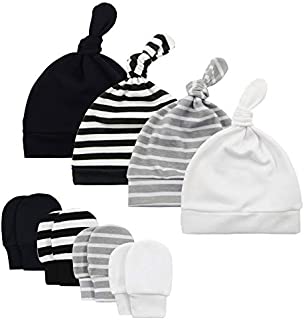 American Trends Baby Hat Mittens Newborn Hats for Boys Baby Hats 0-6 Months Winter Beanie Caps 4 Pack Black White Double Stripe