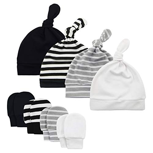 American Trends Baby Hat Mittens Newborn Hats for Boys Baby Hats 0-6 Months Winter Beanie Caps 4 Pack Black White Double Stripe