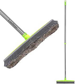 LandHope Push Broom Long Handle Rubber Bristles Sweeper Squeegee Edge 54 inches Non Scratch Bristle Broom for Pet Cat Dog Hair Carpet Hardwood Tile Windows Clean Water Resistant (Telescopic)