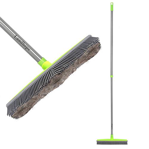 LandHope Push Broom Long Handle Rubber Bristles Sweeper Squeegee Edge 54 inches Non Scratch Bristle Broom for Pet Cat Dog Hair Carpet Hardwood Tile Windows Clean Water Resistant (Telescopic)