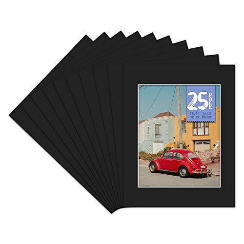 Golden State Art, Acid Free, Pack of 25 11x14 Black Picture Mats Mattes with White Core Bevel Cut for 8x10 Photo