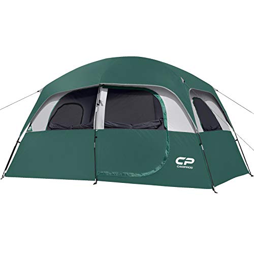 CAMPROS Tent-6-Person-Camping-Tents, Waterproof Windproof Family Tent with Top Rainfly, 4 Large Mesh Windows, Double Layer, Easy Set Up, Portable with Carry Bag, for All Seasons - Dark Green