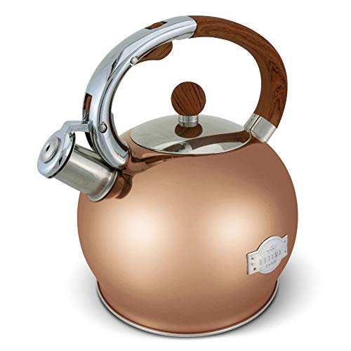 ELITRA Stove Top Whistling Fancy Tea Kettle - Stainless Steel Tea Pot with Ergonomic Handle - 2.7 Quart / 2.6 Liter - (ROSE GOLD)