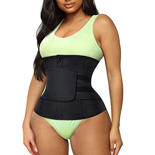 TrainingGirl Women Waist Trainer Cincher Trimmer Belt Tummy Control Sweat Girdle Workout Slim Belly Band for Weight Loss with Zipper Hooks (Black, L)