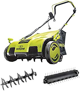 Sun Joe AJ805E 15 inch 13 Amp Electric Scarifier + Lawn Dethatcher w/Collection Bag, Green