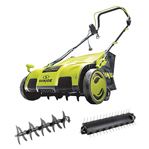 Sun Joe AJ805E 15 inch 13 Amp Electric Scarifier + Lawn Dethatcher w/Collection Bag, Green