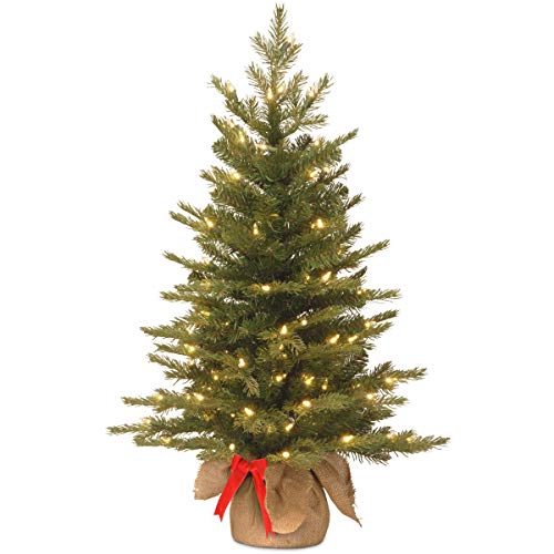 National Tree Company Pre-lit Artificial Mini Christmas Tree | Includes Small White LED Lights and Cloth Bag Base | Nordic Spruce Burlap - 3 ft