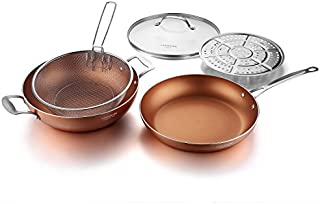 Cook Code 5-piece Large Wok and Frying Pan Set with Copper Nonstick Coating, Cookware with Lid, Deep Fry Basket & Steamer Tray -Multipurpose Pan Set for Induction Hob Dishwasher Safe