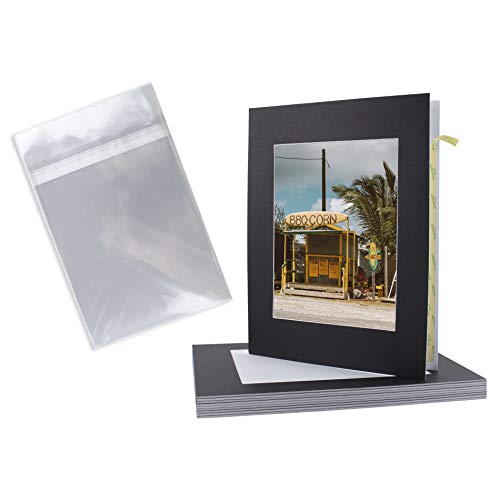 Golden State Art, 10 Pack Self Assemble Acid Free Cardboard/Paper Frames Photo Mat with Backing Board pre-gummed for Artworks, Prints, Photos, Includes Clear Bags (Black, 11x14 Mat for 8x10 Picture)