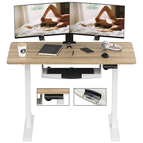 ONTRY Electric Standing Desk with Keyboard Tray, Height Adjustable Electric Computer Desk, 47.2 x 23.6 Inches, Sit Stand Desks for Home Office with 4 Programmable Preset Controller, Oak Top