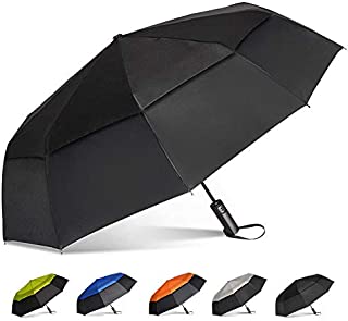 Brainstorming Large Travel Umbrella Windproof Compact Golf Umbrella Double Canopy Vented Automatic Open Rain Umbrella for Women Men, 47inch (Black& Black)