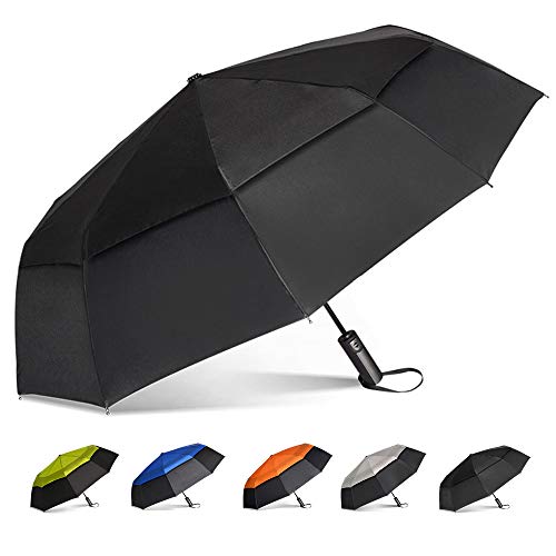 Brainstorming Large Travel Umbrella Windproof Compact Golf Umbrella Double Canopy Vented Automatic Open Rain Umbrella for Women Men, 47inch (Black& Black)