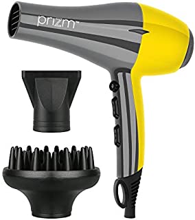 Prizm Professional Salon Grade Blow Dryer, Powerful 1600W Ceramic Tourmaline Hair Dryer with Large Diffuser and Concentrator, Gray/Yellow